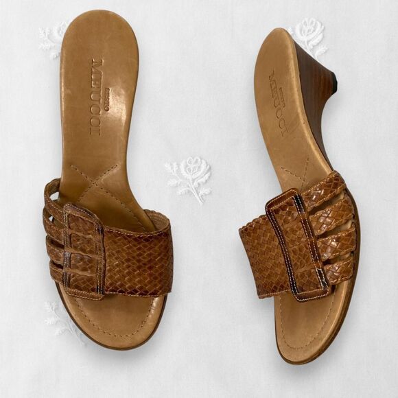 Tan Brown Braided Open Toe 90s Euro Leather Block Wedge Heels Sandals 6.5 - Picture 1 of 8